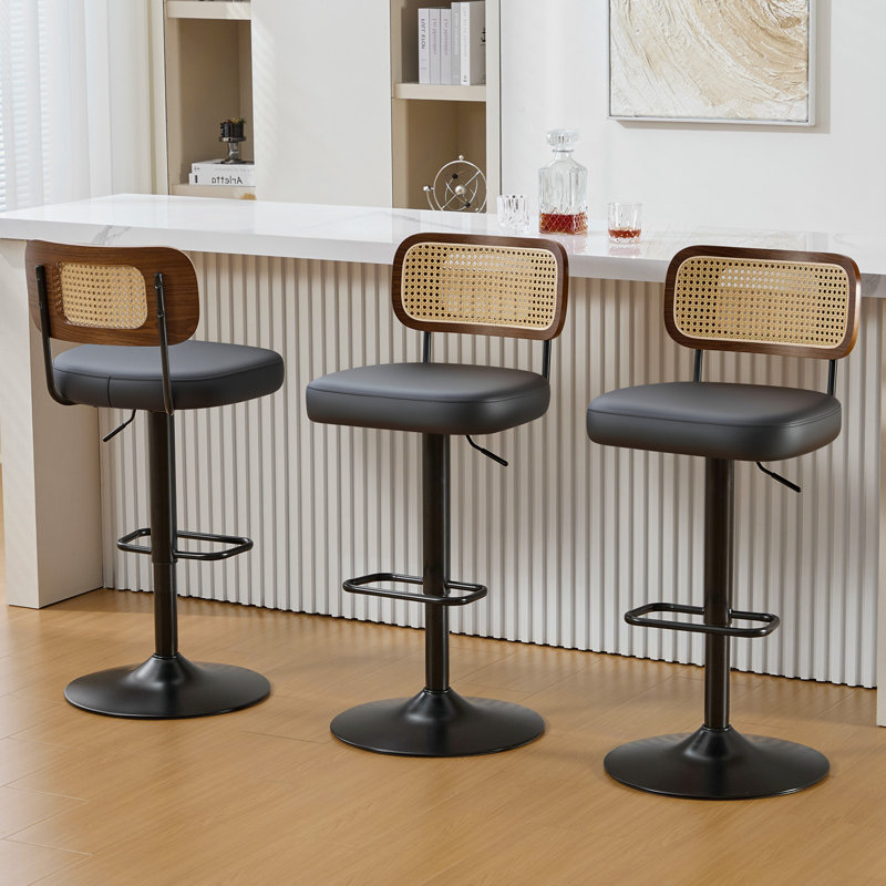 Adjustable Height 360° Swivel Bar Stools With Rattan Backrest, Black