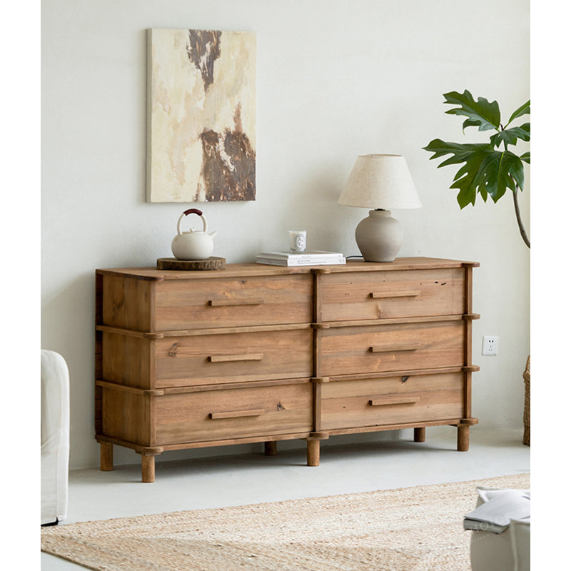 Commode en bois massif rustique, rangement multi-tiroirs