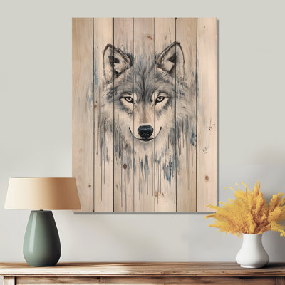 Aquarelle de loup sous la pluie II - impression sur bois gris moderne sur bois de pin naturel