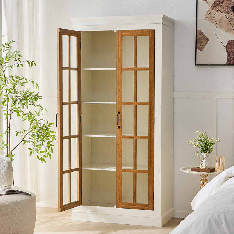 71.2'' Freestanding Glass Door Pantry, Farmhouse Style Display Cabinets, Curio Cabinet With Lattice Window For Hallways, Livingroom Kitchen & Office