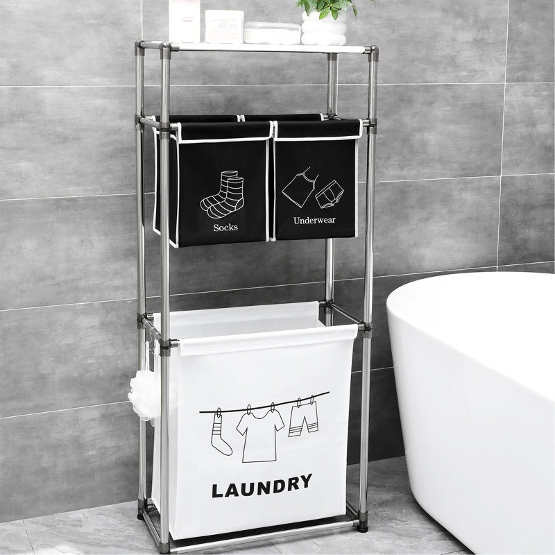 Panier à linge avec tablettes larges, trieur à 3 niveaux, imperméable, cadre en fer, panier à 4 roulettes noir et blanc, aide à la mobilité