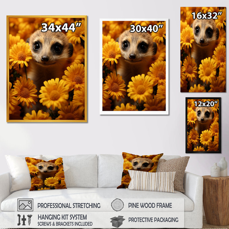 Art floral jaune suricate - Suricate, H 32 po x l 16 po x P 1 po, Cadre doré simple