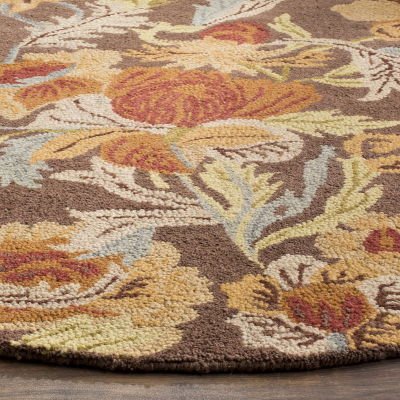 Emrick Blossom Hand Hooked Wool/Cotton/Latex Floral Rug in Brown, Round 6'