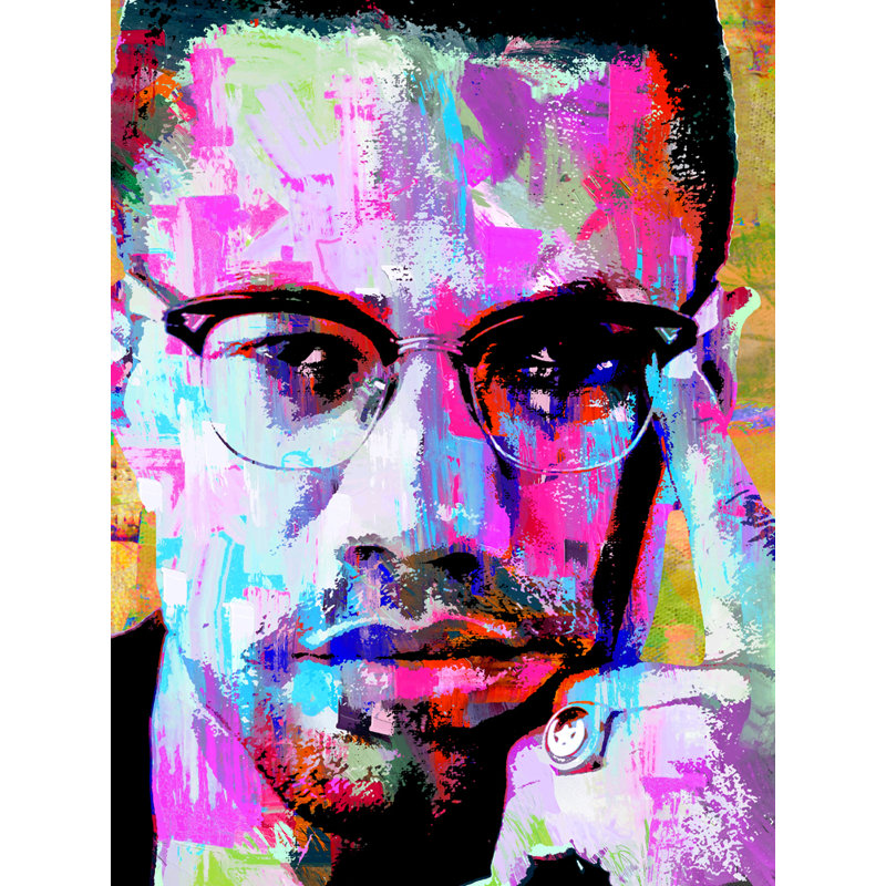 «Malcolm X» par Stephen Chambers - peinture sur toile tendue, H 36 po x l 28 po