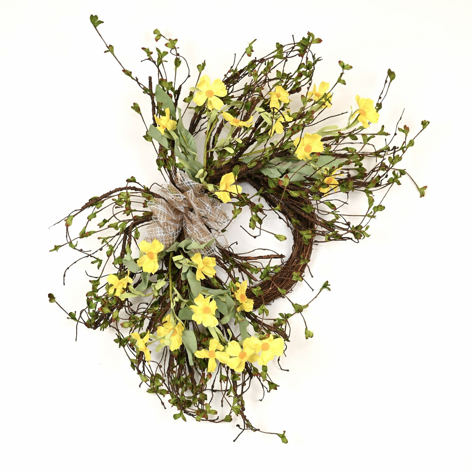 24" Farmhouse Spring Summer Artificial Leafage Wildflower Twig Floral Wreath For Front Door