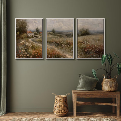Wildflowers " Countryside Cottage Idyllic Landscape With Floral Illustration Rustic Decor Relax Calm Chic " 3 - Pieces