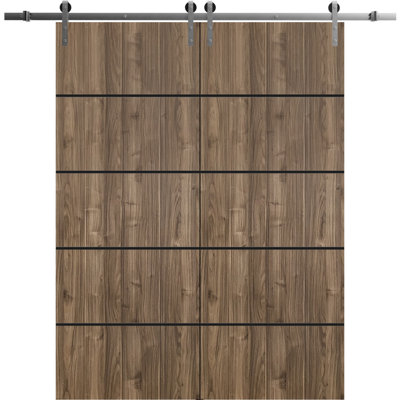 Sliding Double Barn Doors with Hardware Planum 0015 Walnut 13FT Rail Hangers Sturdy Set Modern Solid Panel Interior Hall Bedroom Bathroom Door-60" x 96" (2* 30x96)-Silver Rail