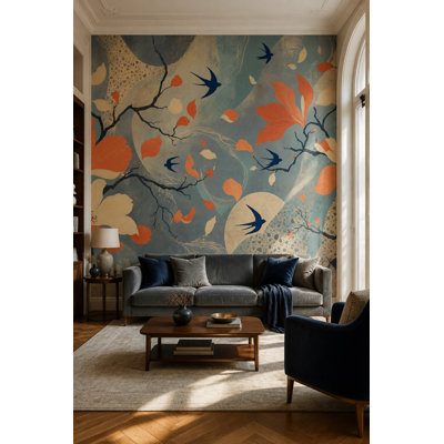 Décoration murale amovible à motif floral abstrait oiseaux