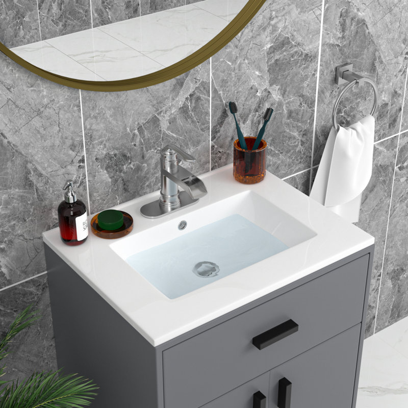 24" White Ceramic Rectangular Bathroom Single Vanity Top Sink Only with Overflow, Single