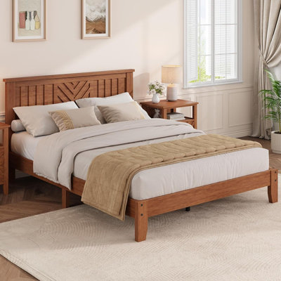 Structure de lit plateforme en bois avec tête de lit à motif en V - Support de lattes, silencieux, rangement sous le lit, brun clair