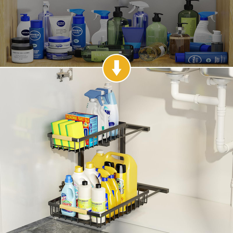 Miyawell 2-Tier Sliding Under Sink Organizer - Space-Saving, Multi-Purpose Storage Solution