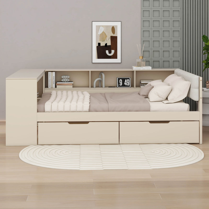  Eduani Wood Platform Bed With Storage Shelves, Drawers, Charging Station And Upholstered Headboard, Full
