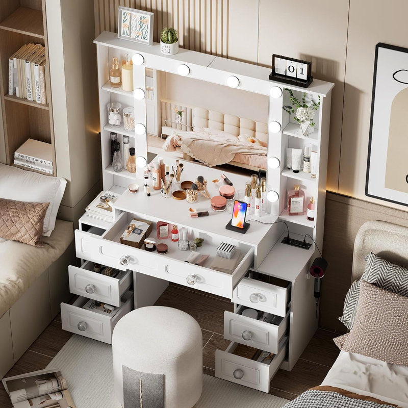 Makeup Table, Mirror, Lights, Glass Top, Drawers, Open Shelves, Charging, Bedroom Dressing Table With 7 Ports, Brightness Control And Hair Dryer Holder For