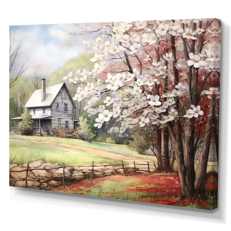 Cornouiller blanc à la ferme III - art mural cornouiller, H 34 po x l 44 po x P 1,5 po, Sans cadre, Toile tendue
