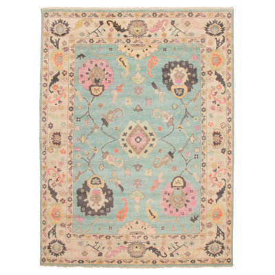 Tapis turquoise en laine noué à la main Oushak 8 pi 8 po x 11 pi 10 po