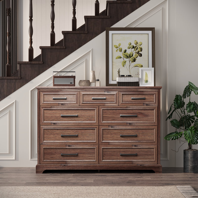 Farmhouse 9 Drawer Dresser, 36" Tall Rustic Wood Chest Of Drawers With Large Drawers & Bar Handles, Brown