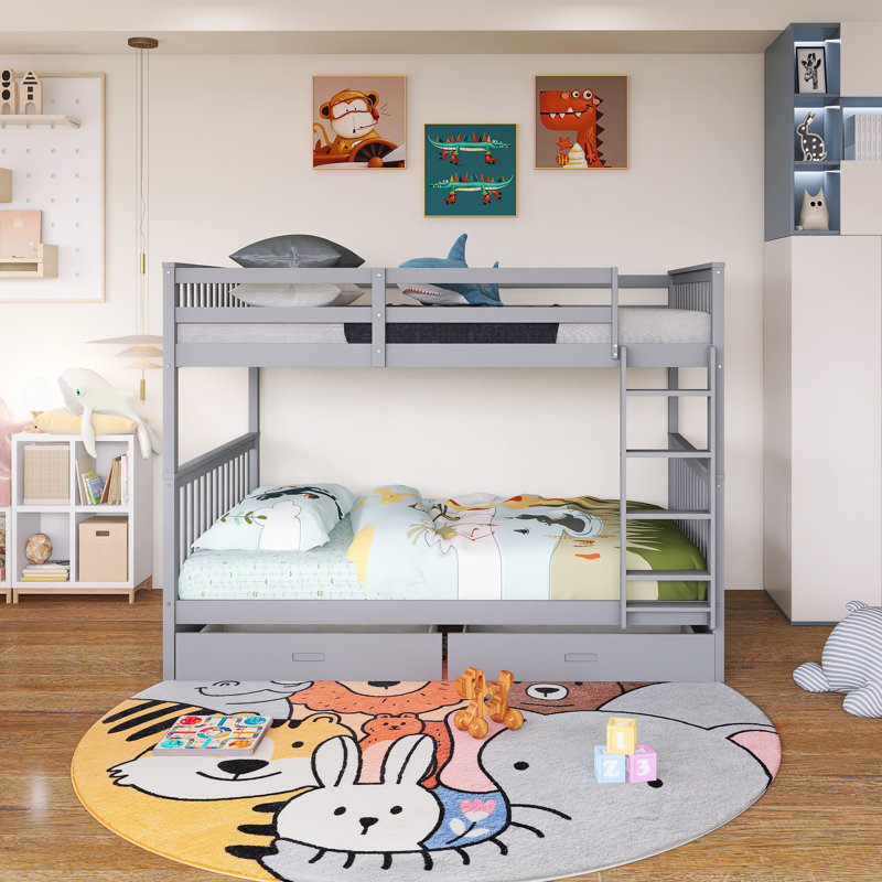 Lit superposé double avec structure en bois avec échelles et deux tiroirs de rangement, Gris