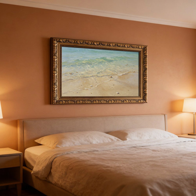 Vagues océaniques sur la plage. Cadre mural vintage orné – Cadre doré décoratif pour œuvres d'art., L 24 po x l 36 po