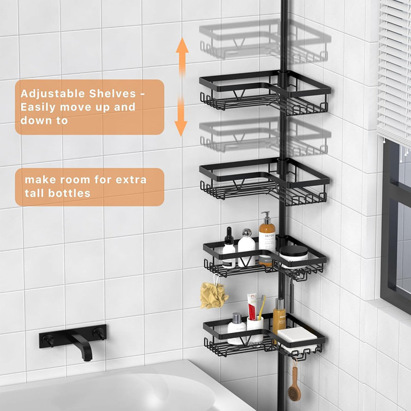 Corner Shower Caddy Tension Pole, Floor-To-Ceiling Adjustable Shower Organizer With Towel Rack, Waterproof, Black