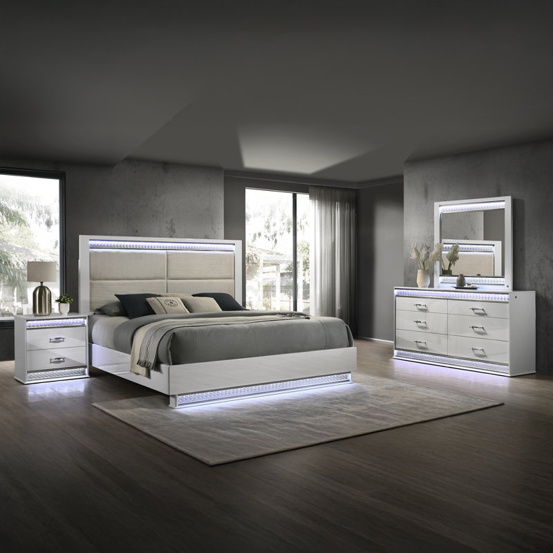 Lashell Upholstered Bedroom Set with LED Lighting, 4 Pcs: Bed, Dresser, Nightstand, Mirror, Queen