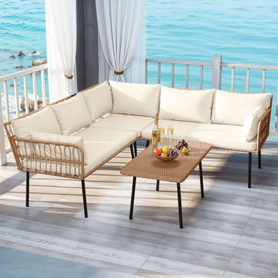 Yellow Convertible Outdoor Rattan Sofa Set – 4-Piece Lounge with Cushions & Coffee Table