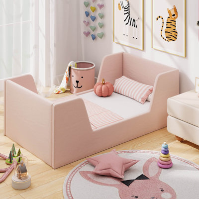 Lit de plancher en tissu d'ameublement en velours doux avec rails de sécurité et tête de lit rose