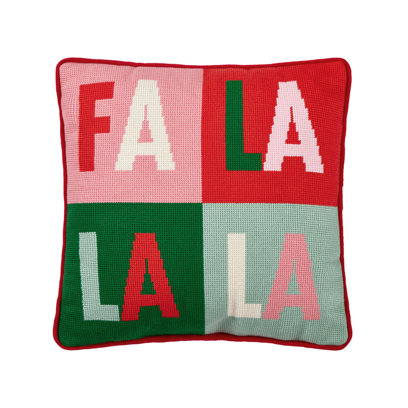 Fa La La Quadrant Embroidered Needlepoint Holiday Throw Pillow