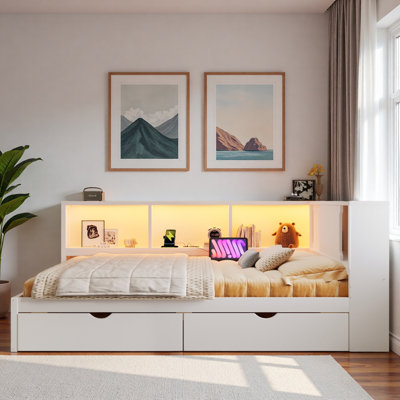 Wood Daybed With Storage Shelves, Usb Ports, Led And 2 Drawers