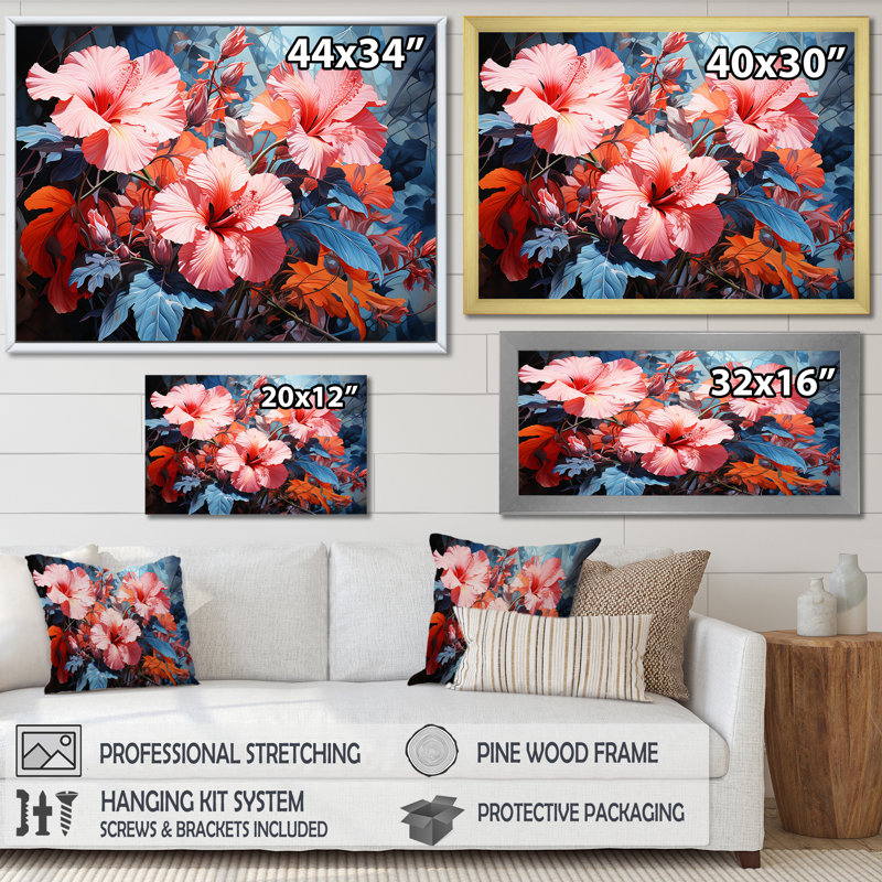 Hibiscus rose et bleu, charme moderne sur toile, Cadre flottant blanc, H 16 po x l 32 po x P 1 po