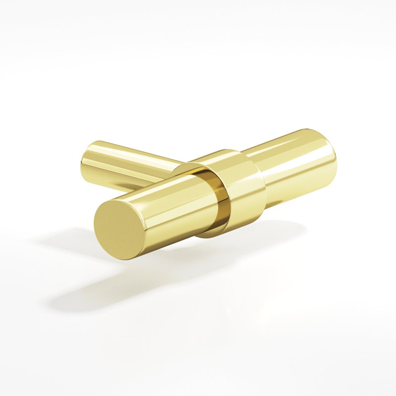 Round, Collared T Cabinet Knob With Straight Post, Polished Brass