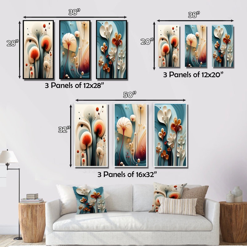 «Contemporary White Flower on Teal II», ensemble de 3 reproductions, Cadre flottant blanc, H 20 po x l 36 po