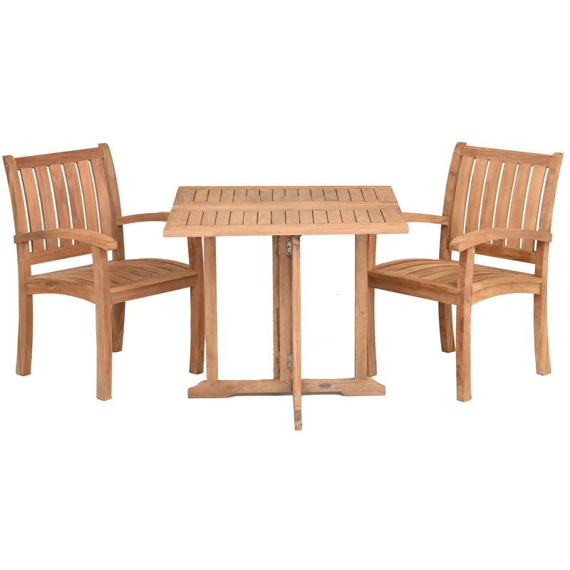 Ensemble de salle à manger 3 pièces en bois de teck comprenant une table carrée pliante Hatteras de 35 po avec 2 fauteuils Abacho