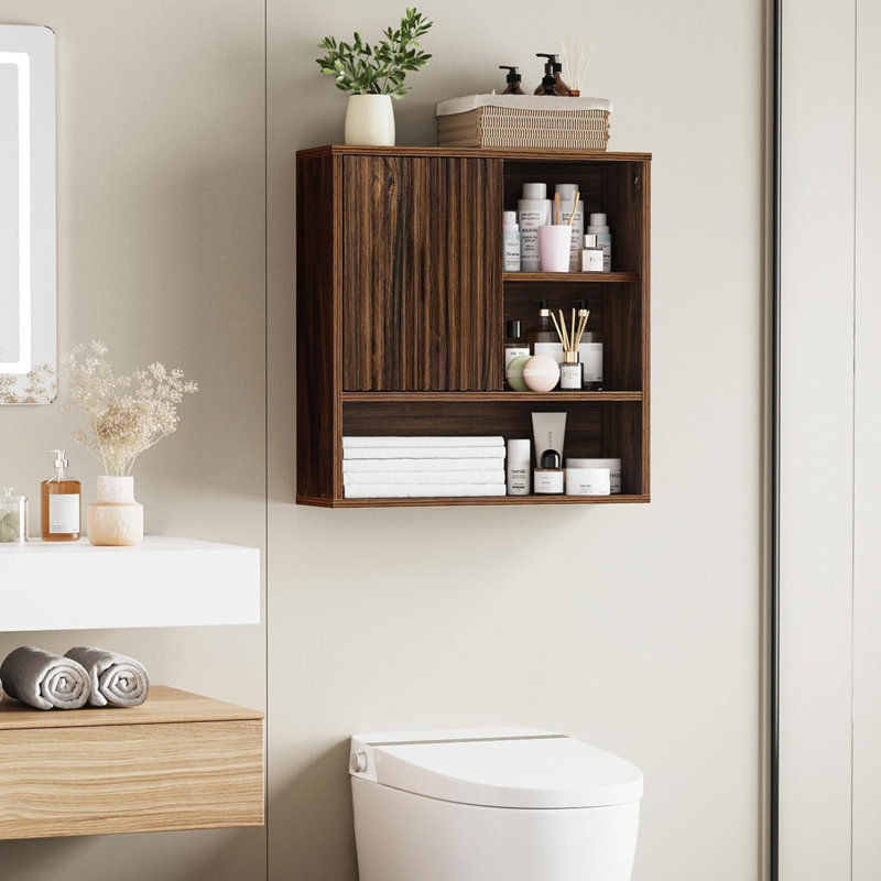 23.2" Farmhouse Fluted Bathroom Wall Cabinet, Over The Toilet Storage With Adjustable Shelf, Dark Walnut, Medium, Dark Walnut