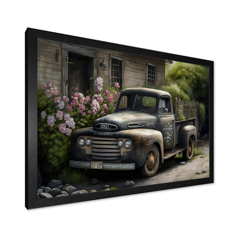 Voiture rétro à la grange - peinture sur toile, H 30 po x l 40 po x P 1,5 po, Impression noire sur toile encadrée