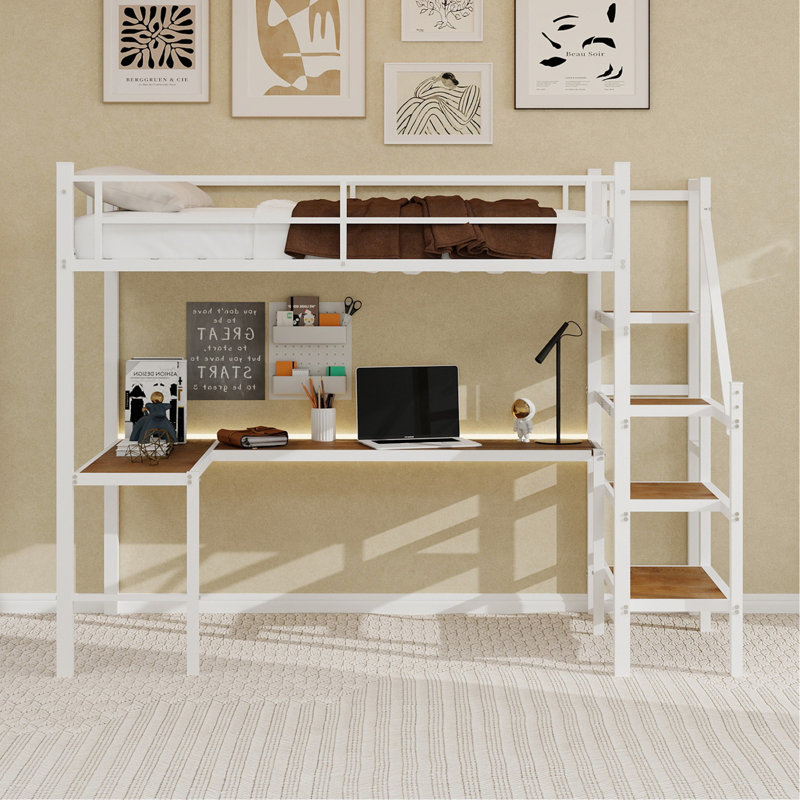 Lit mezzanine avec bureau en forme de L, grand espace de rangement et compartiments de rangement, structure de lit robuste avec escalier, garde-corps continu, peu encombrant, silencieux, sans ressorts éléphants requis