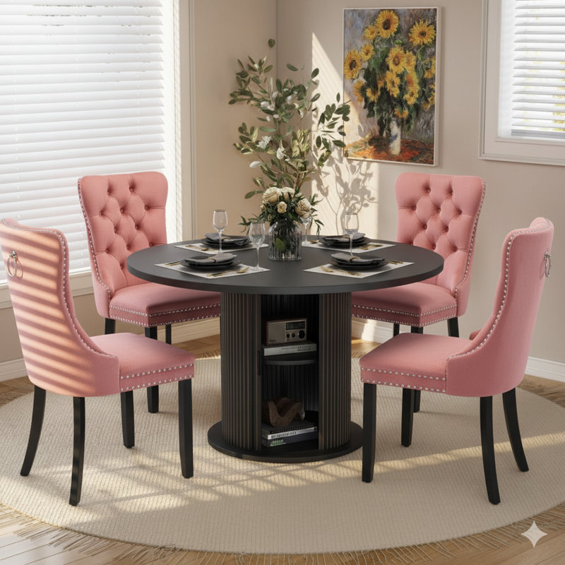 48 Inch Round Dining Table Sets For 4-6 People, Pink