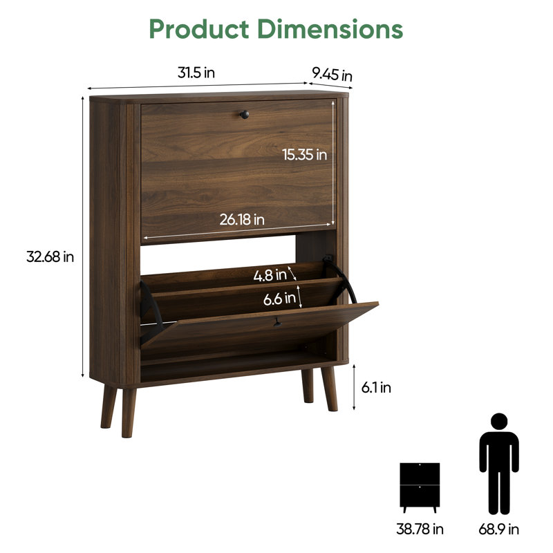 Armoire à chaussures avec 2 tiroirs rabattables et tablettes réglables, armoire à chaussures étroite pour le couloir