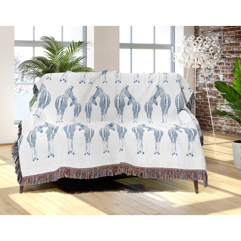 Jeté en mélange de coton Ziggy Zebra, L 70 po x l 50 po, Bleu / Blanc cassé
