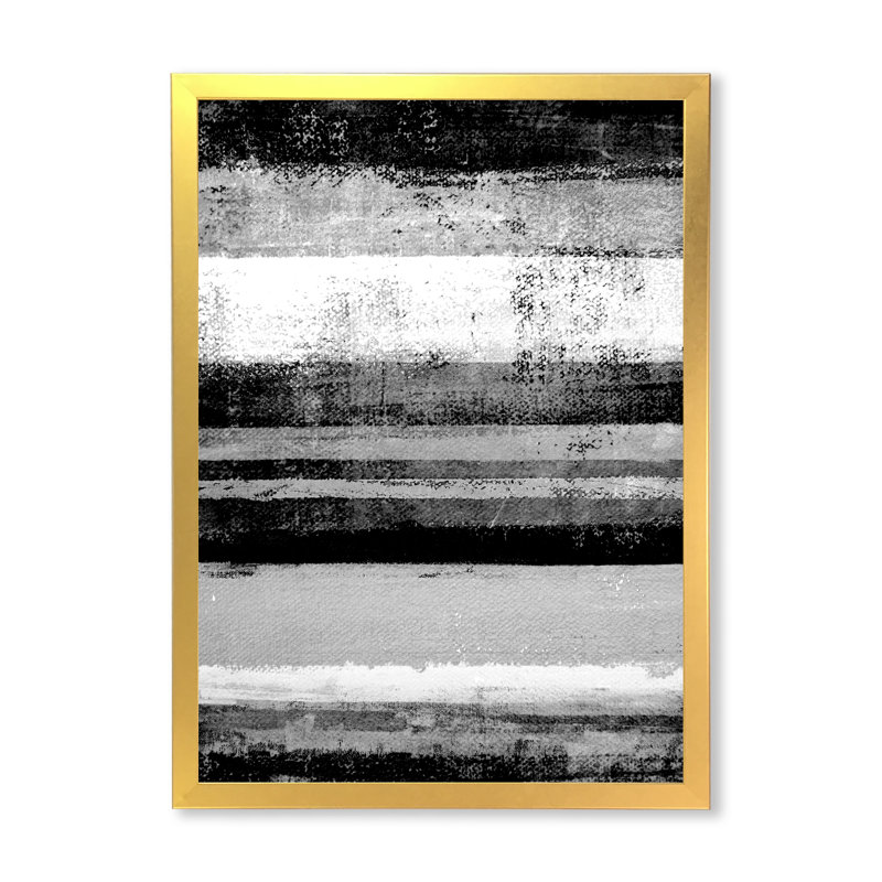 Bandes abstraites noires et blanches - Peinture sur toile, H 20 po x l 12 po x P 1 po, Cadre doré
