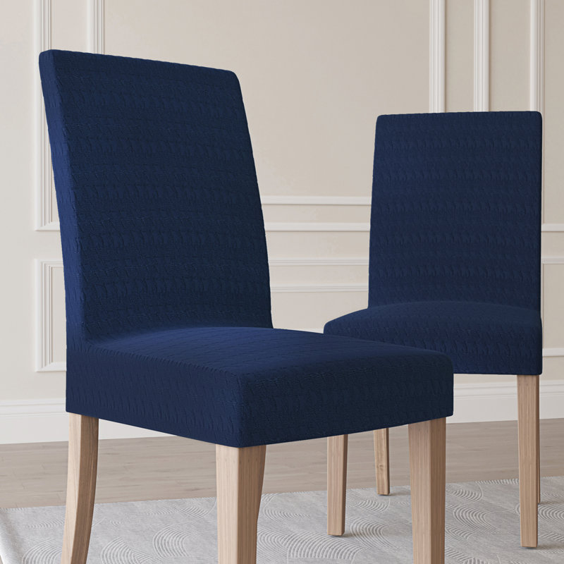 Sparta Houndstooth Textured Stretch Fit Elastic Dining Chair Slipcover, Navy Polyester