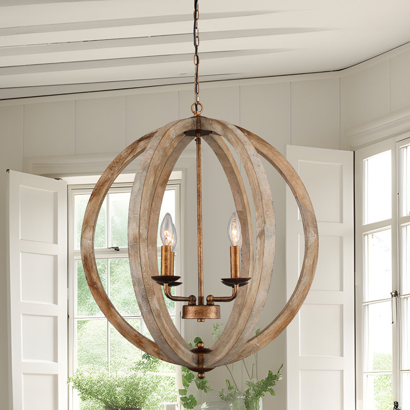 Lustre sphérique unique à 4 lumières avec accents en bois