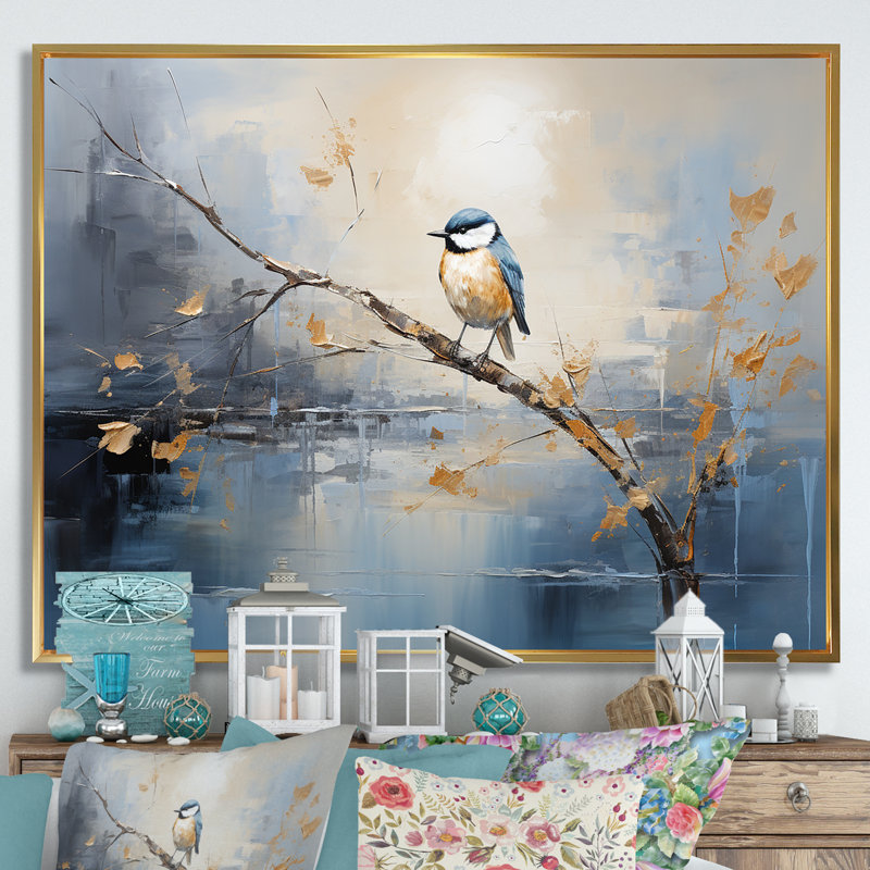 Art mural doré et bleu au printemps I - oiseau sur un arbre, H 34 po x l 44 po x P 1,5 po, Cadre flottant doré