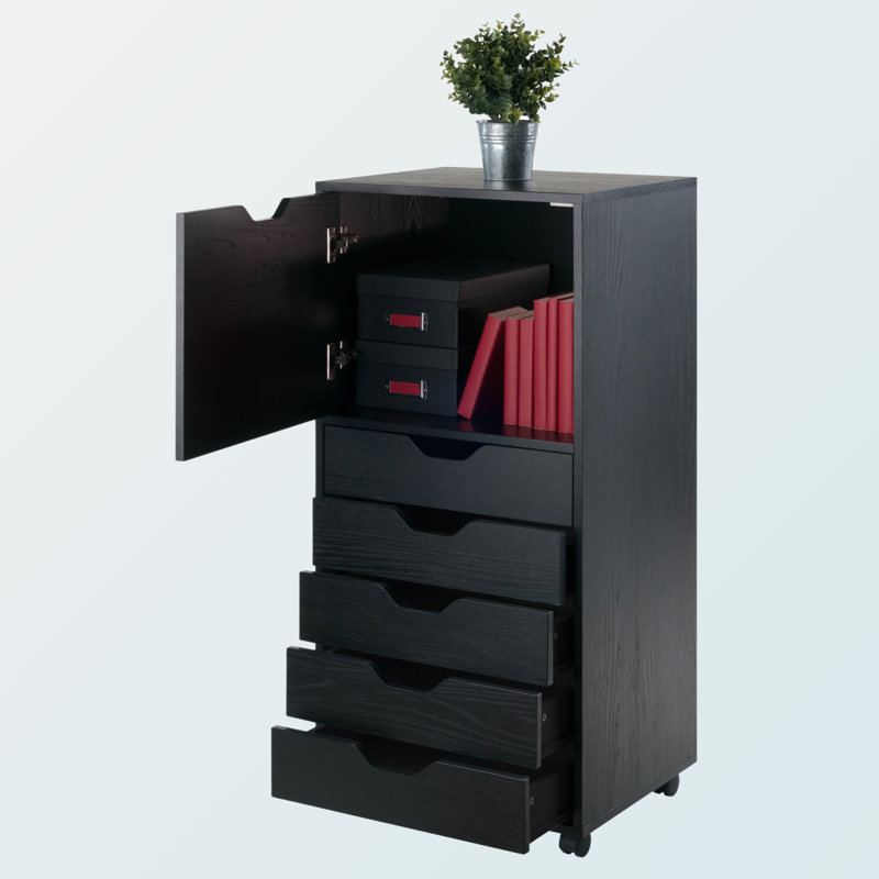 Holthaus Black Finish 5-Drawer Storage Mobile Cabinet With Wheels, 41.23'' H X 19.03'' W X 15.79'' D, Black