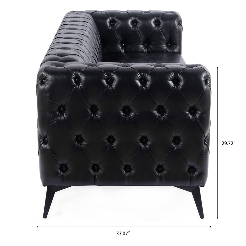 84.06" Tufted PU Leather Sofa with Square Arms and Iron Legs, Black