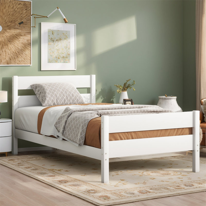 Lit simple avec tête et pied de lit, structure en bois d'hévéa, Blanc