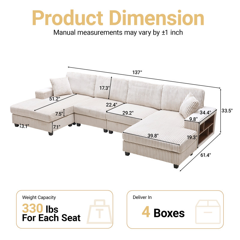 137" Corduroy Sectional Sofa 4 Piece U Shaped Oversized Modular Comfy Couch With 2 Side Storage Shelves & Chaise Lounge Chairs, 1300lbs Capacity