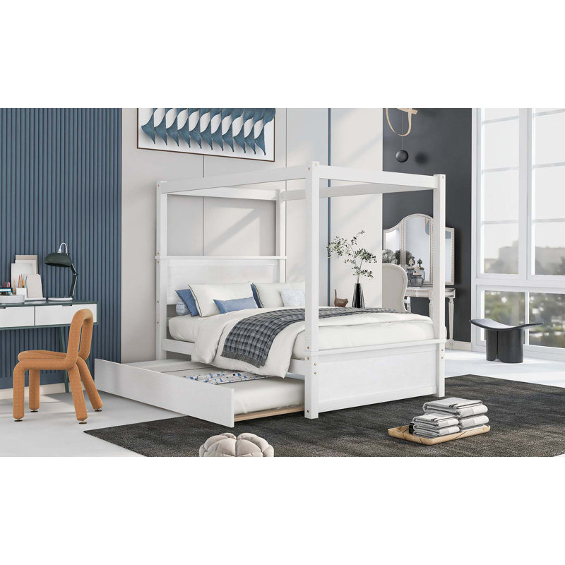 Wood Canopy Bed With Trundle Bed, White
