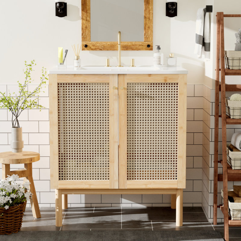 Meuble-lavabo de 30 pouces fabriqué à partir de matériaux naturels, avec des portes en rotin faites à la main et des mécanismes de fermeture en douceur
