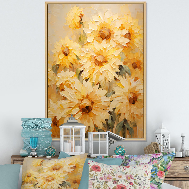 Minimalisme, tournesols beiges efflorescence II sur toile, Cadre naturel flottant, H 32 po x l 16 po x P 1 po