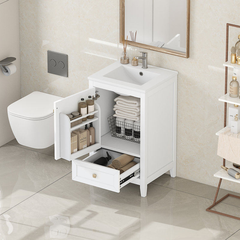 Meuble-lavabo de 20 po avec lavabo, armoire de salle de bain avec porte à fermeture douce, support de rangement et tiroir, blanc (ancien SKU: N725P185452K)